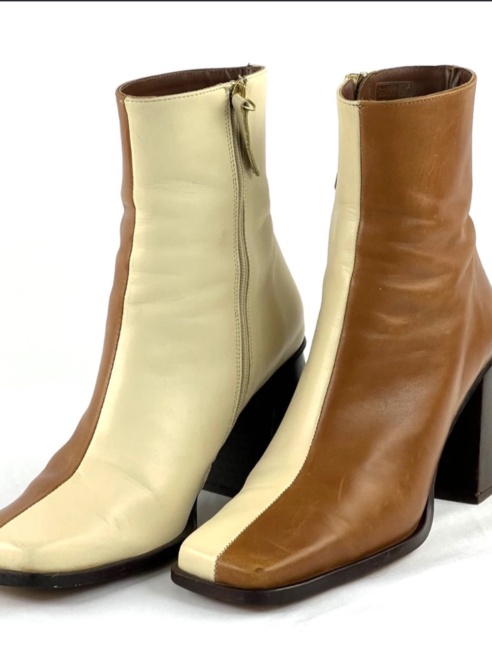 ALOHAS Two-Tone Cream and Brown Leather Block Heel Ankle Boots